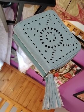 Cleobella Turquoise Mexican Teal Wallet. Zip Close. Goldtone Hardware.